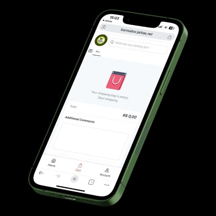 Jarbas digital menu with empty cart and comment field