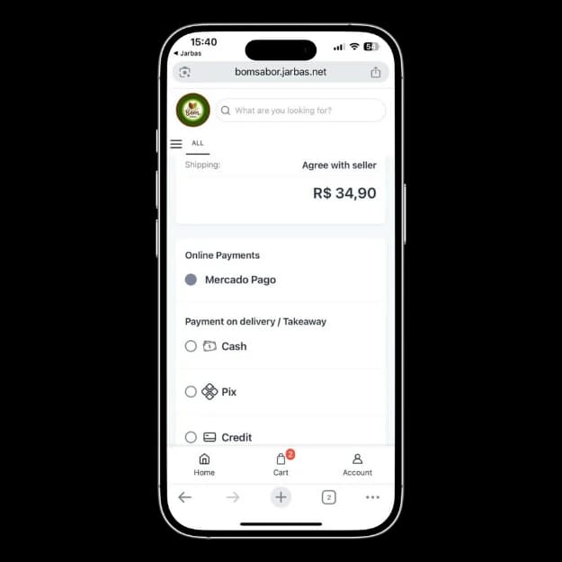 Jarbas digital menu showing payment options and delivery value