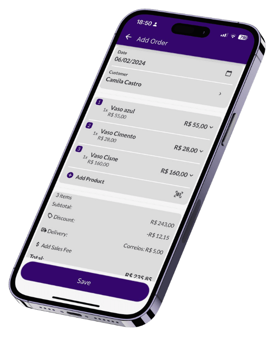 Jarbas screen adding items to an order with subtotal, delivery and discount