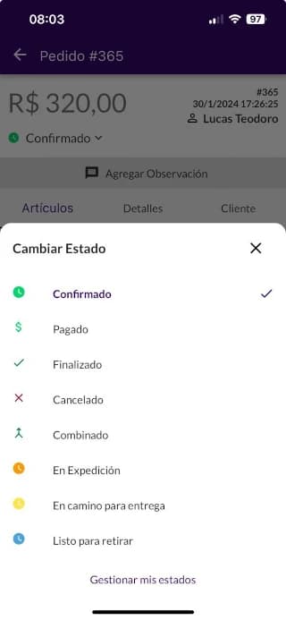 Pantalla de Jarbas que muestra opciones para cambiar el estado de un pedido en el sistema POS.