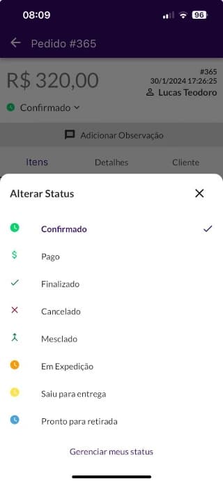 Tela do Jarbas exibindo opções para alterar o status de um pedido no PDV.