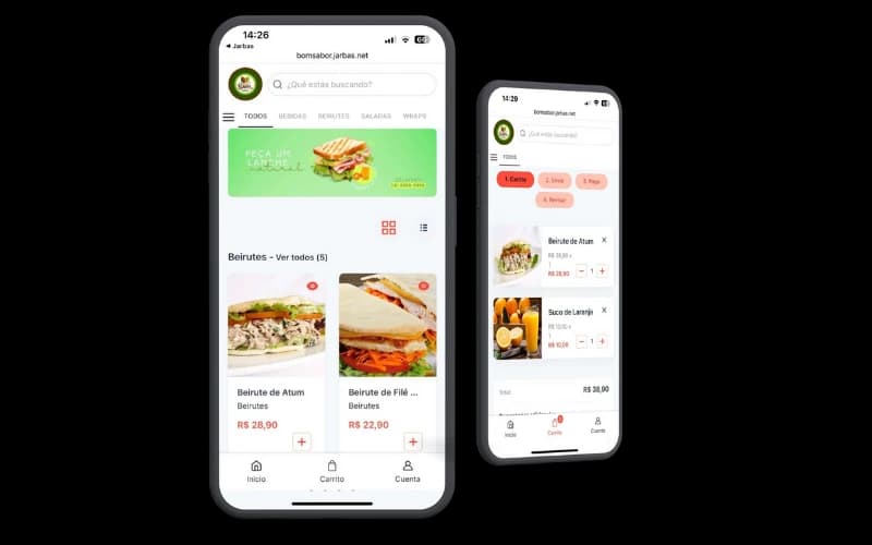 Menú digital de Jarbas mostrando productos, categorías y artículos agregados al carrito