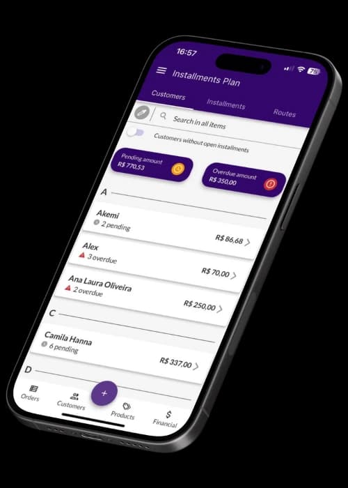Jarbas showing customers with pending and overdue installments in the installment system