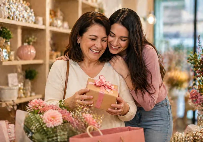 Filha presenteando mãe com caixa de presente em loja decorada com flores estratégias para vender mais no Dia das Mães