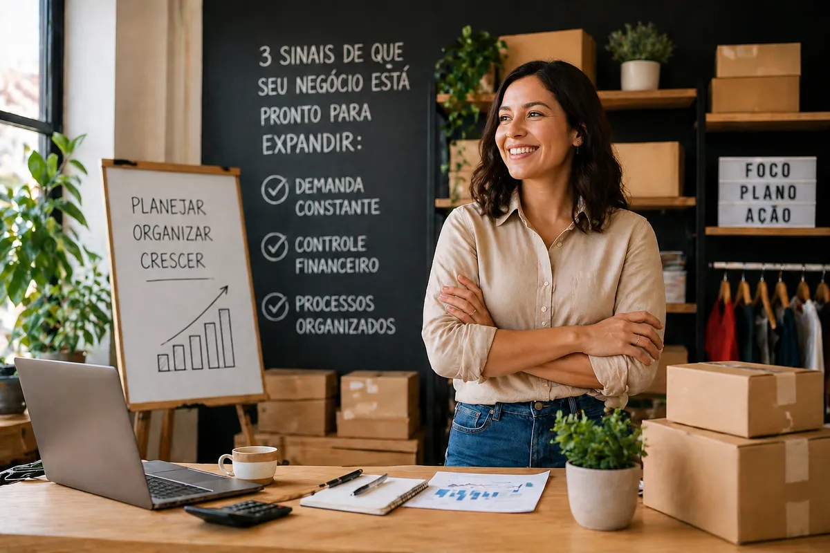 Empreendedora em seu comércio sorrindo, com checklist dos sinais de quando expandir o negócio ao fundo
