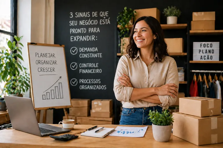 Empreendedora em seu comércio sorrindo, com checklist dos sinais de quando expandir o negócio ao fundo