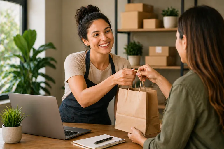 Empreendedora sorrindo entregando sacola para cliente em pequeno negócio