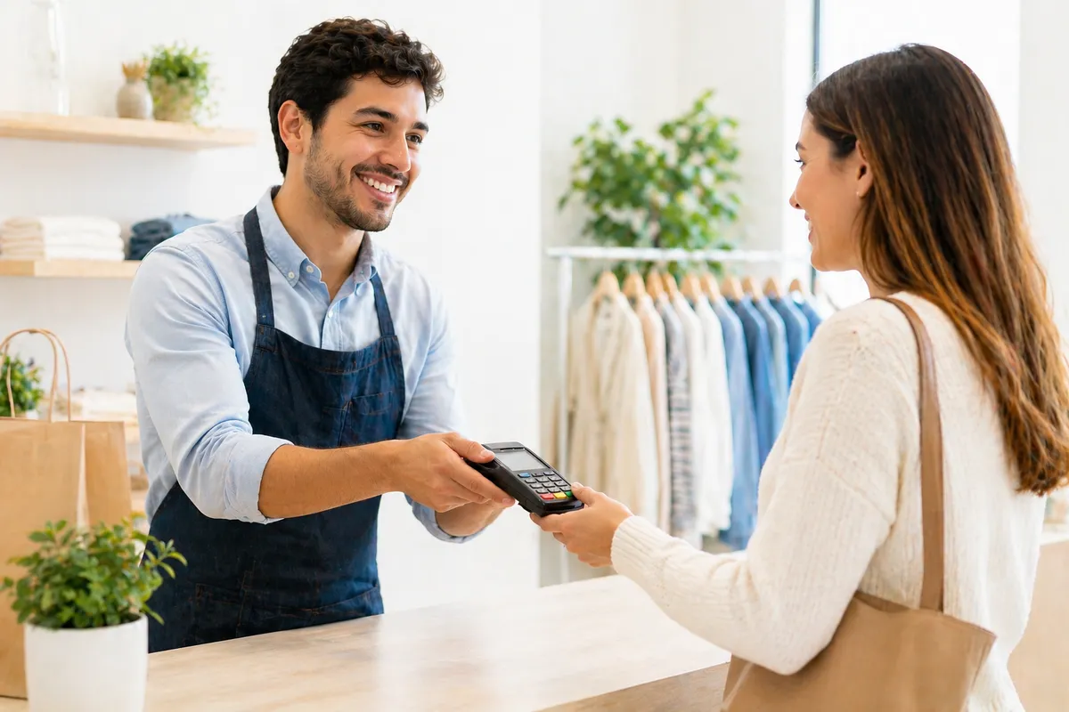 Vendedor oferecendo maquininha de pagamento para cliente em loja de roupas com crediário próprio
