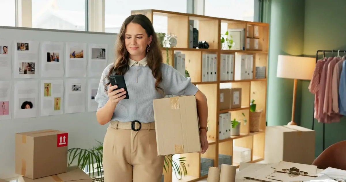 Microempresária usando app para controlar pedidos enquanto separa encomendas