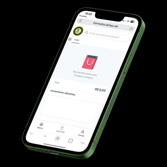 Tela do menu digital do Jarbas com carrinho vazio e campo para comentários