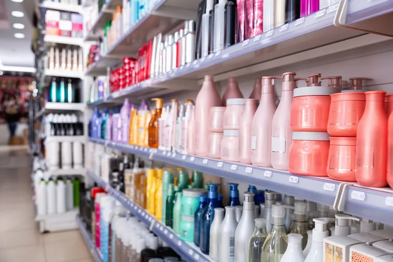 Prateleiras organizadas com produtos de uma loja de cosméticos, ilustrando como montar loja de cosméticos do zero com planejamento e variedade de itens.