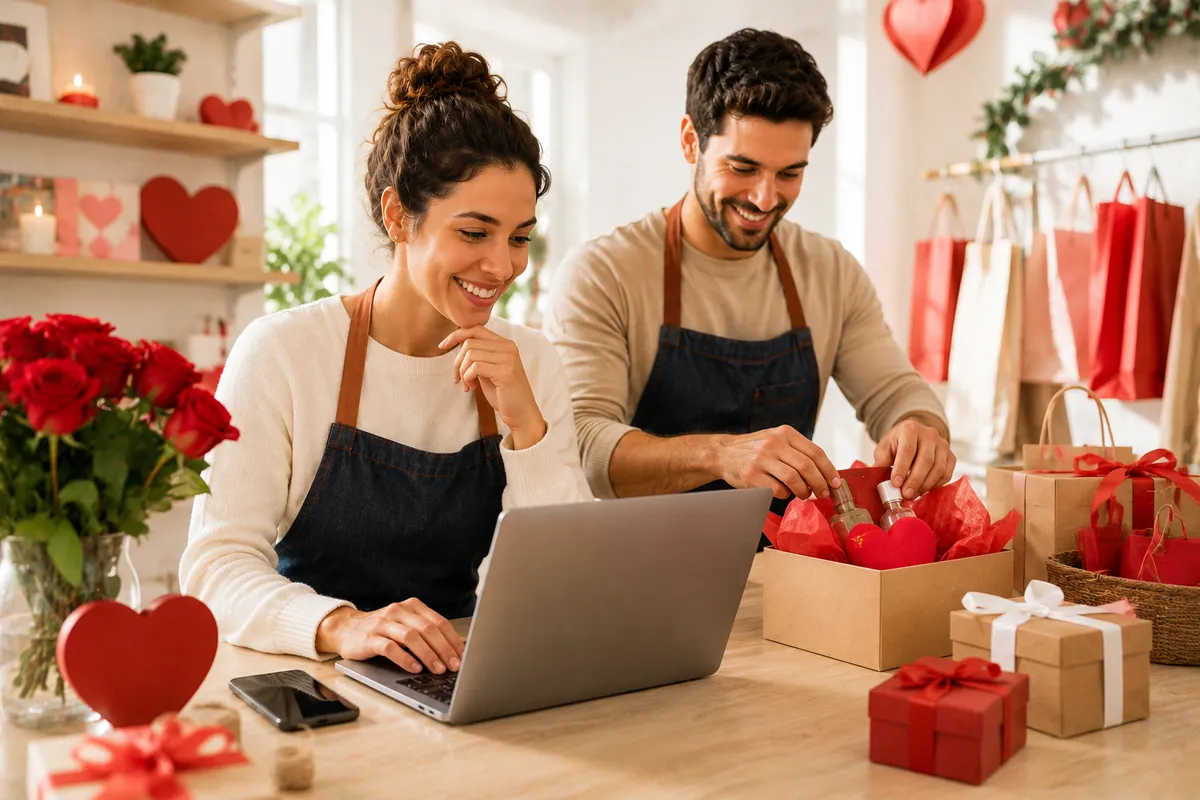 Perfeito! A imagem é excelente para o post — dois empreendedores (aparentemente um casal) trabalhando juntos na montagem de kits e pedidos em um ambiente decorado para o Dia dos Namorados. Combina perfeitamente com o conteúdo. Texto alternativo (alt text) Dois empreendedores montando kits de presente para vender mais no Dia dos Namorados em loja decorada com rosas e corações