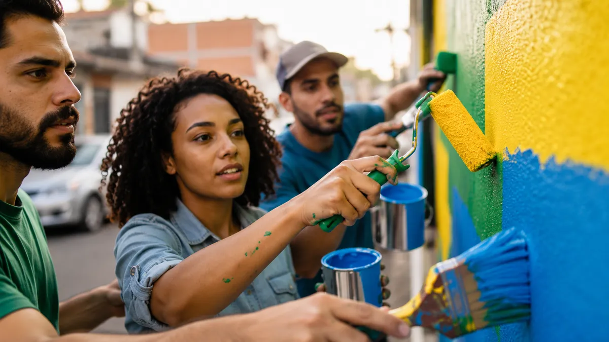 Empreendedores pintando parede com as cores do Brasil em preparação para a Copa do Mundo, ilustrando como vender mais na Copa do Mundo com ações temáticas