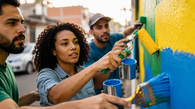 Empreendedores pintando parede com as cores do Brasil em preparação para a Copa do Mundo, ilustrando como vender mais na Copa do Mundo com ações temáticas