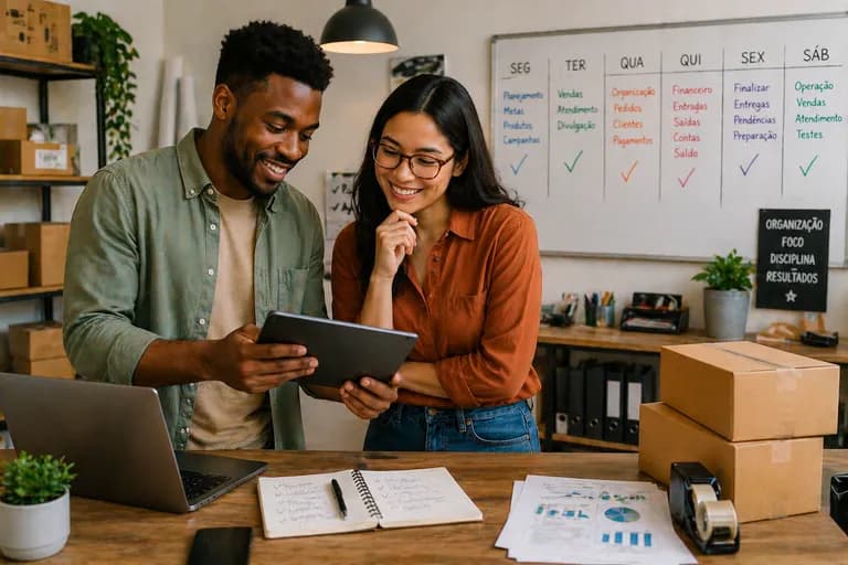 Dois empreendedores analisando tablet em escritório com quadro de rotina semanal de negócio organizado ao fundo