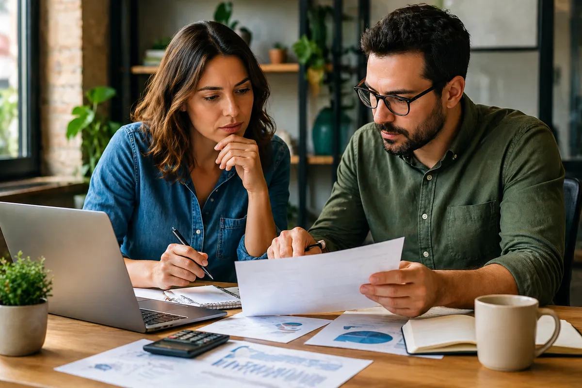 Dois empreendedores analisando documentos financeiros e gráficos para resolver o endividamento no negócio