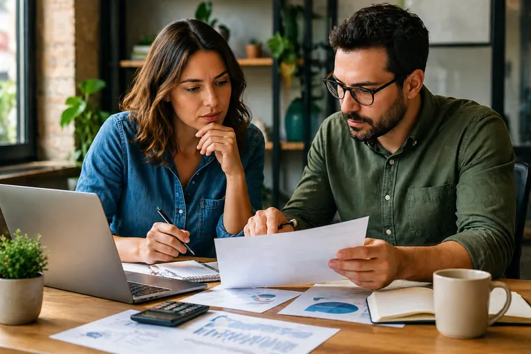 Dois empreendedores analisando documentos financeiros e gráficos para resolver o endividamento no negócio