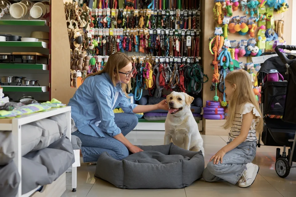 Atendente de pet shop ajoelhada acariciando um Labrador ao lado de uma cama pet cinza, com uma menina sentada por perto, em loja com prateleiras de coleiras, guias e brinquedos coloridos ao fundo.