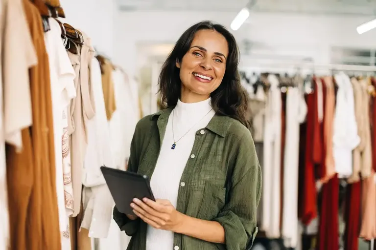 Gerente de boutique usando tablet para acompanhar o controle de vendas da loja