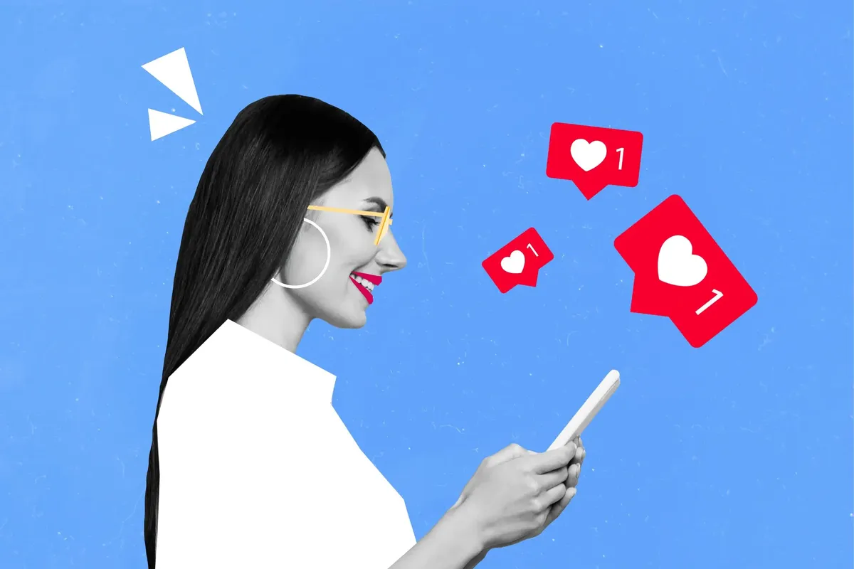 Mulher usando o celular com ícones de curtidas, ilustrando uso do Instagram e WhatsApp